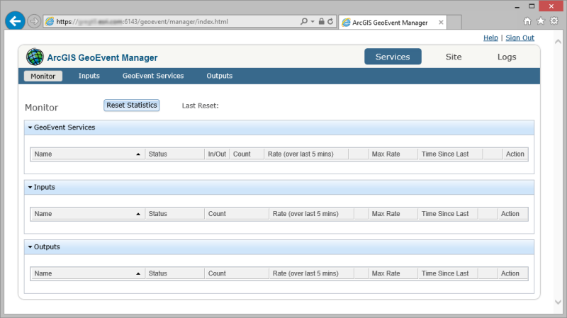 GeoEvent Manager Monitor page. GeoEvent Manager Monitor page.
